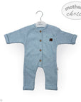 Blue baby romper with buttons on a white background, featuring 'Mother's Choice' branding.