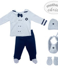 Baby boy outfit set with shirt, pants, hat, bib, and booties on a white background.