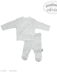 White baby outfit with a wrap-style top and footed pants on a white background, featuring 'Mother's Choice' branding.