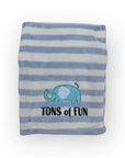 Striped blanket with an elephant and text on a white background