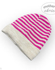 Striped baby hat with pink and white pattern on a white background, branded 'mother's choice'.