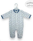 Baby onesie with blue pattern on a white background, featuring 'mother's choice' branding.