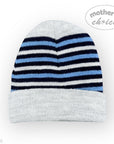 Striped knit baby hat with 'Mother's Choice' branding on a white background