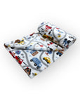 Children's bedding set with road and vehicle pattern on a white background