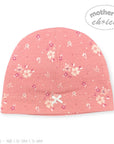Pink baby hat with floral pattern on a white background, branded 'Mother's Choice'.