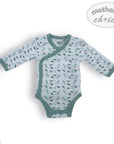 Baby bodysuit with leaf pattern on a white background, featuring 'mother's choice' branding.