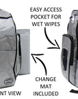 Gray backpack with features highlighted on a white background