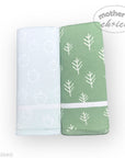 Two green baby blankets with leaf patterns on a white background, labeled 'Mother's Choice'.