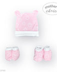 Baby hat and booties set with pink and white design on a white background, featuring 'Mother's Choice' brand.