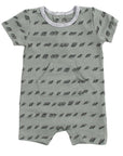Gray baby romper with black pattern on a white background