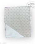 Gray textured blanket with light blue reverse side on a white background, branded 'Mother's Choice'.