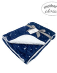Navy blue baby blanket with white stars and a gray ribbon, branded 'Mother's Choice'.