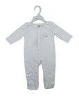 Gray baby onesie on a hanger with a white background