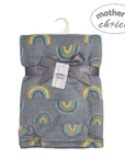 Folded blanket with rainbow pattern and 'Mother's Choice' tag on a white background