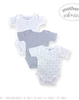 Three baby bodysuits in white, gray, and patterned designs on a white background with 'Mother's Choice' branding.