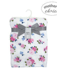 Floral blanket with a gray ribbon and 'Mother's Choice' label on a white background