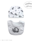Baby hat and bib set with elephant design on a white background, featuring 'Mother's Choice' branding.