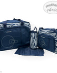 Navy blue bags with zebra pattern and 'Mother's Choice' branding on a white background