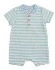 Baby romper with blue and white stripes on a white background