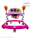 Pink baby walker with colorful buttons and toys on a white background