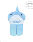 Blue shark-shaped hooded towel with 'Mother's Choice' branding on a white background