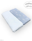 Two blue baby blankets with white leaf patterns on a white background, branded 'Mother's Choice'.