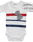 White baby onesie with red and blue stripes and a bow, branded 'Mother's Choice'.