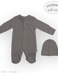 Gray baby onesie and hat set with 'Mother's Choice' branding on a white background