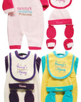 Collection of baby clothing items including rompers, bibs, and hats with 'mummy's shopping princess' text.