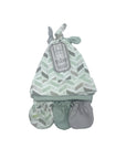 Baby hat and booties set with chevron pattern on a white background