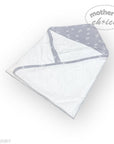Baby blanket with gray hood and white body on a light gray background, branded 'Mother's Choice'.