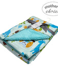 Folded baby blanket with animal pattern and turquoise backing, branded 'Mother's Choice'.