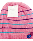 Pink knit beanie with blue and purple stripes and a button on a white background