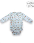 Baby onesie with long sleeves and a pattern on a white background, featuring 'Mother's Choice' branding.
