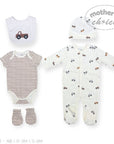 Baby clothing set with onesie, romper, hat, and booties on a white background.