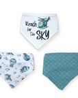 Three baby bibs with aviation-themed designs on a white background