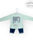 Children's outfit with a light green long-sleeve shirt and dark blue pants on a white background, featuring 'mother's choice' branding.