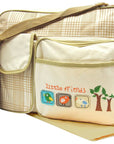 Beige diaper bag with 'Little Friends' design on a white background