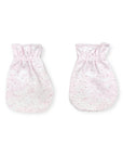Pair of baby mittens with a subtle pattern on a white background