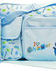 Blue diaper bag with 'I love shower' text and elephant design on a white background