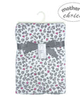 Baby blanket with gray leopard print and pink hearts on a hanger, branded 'Mother's Choice'.
