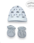 Baby hat and mittens set with rainbow pattern on a white background, featuring 'Mother's Choice' branding.