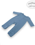 Blue baby onesie with long sleeves on a white background, featuring 'mother's choice' branding.