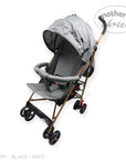 Gray stroller with a canopy on a white background, featuring 'Mother's Choice' branding.