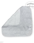 Gray baby blanket with acorn pattern and 'Mother's Choice' branding on a white background