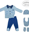 Baby boy's outfit set with jacket, pants, hat, bib, and socks on a white background.