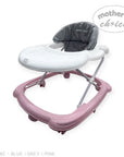 Baby walker with pink base and gray seat on a white background, branded 'Mother's Choice'.