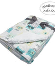 Baby blanket with cartoon designs and text, branded 'Mother's Choice', on a white background.