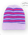 Striped purple and pink beanie on a white background with 'mother's choice' branding.