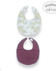 Two baby bibs, one with floral pattern and one solid color, on a white background with 'mother's choice' branding.